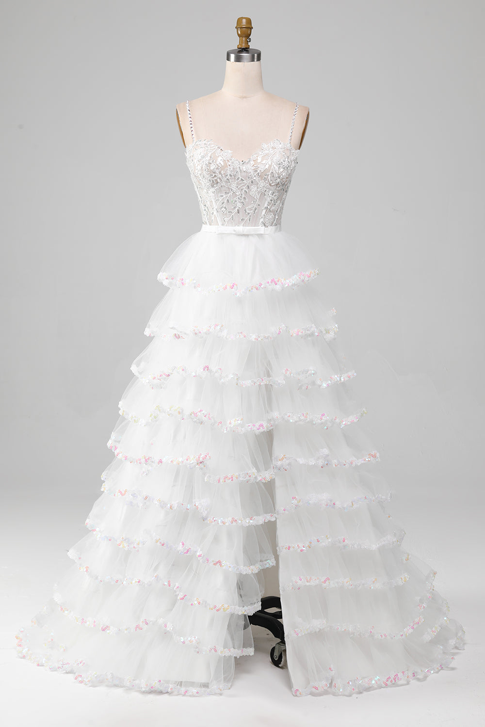 Vit A-linje glittrande paljetter volang kjol korsett balklänning med slits