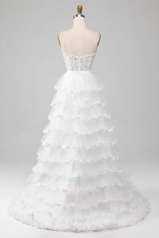 Vit A-linje glittrande paljetter volang kjol korsett balklänning med slits