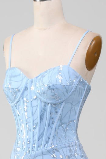 Ljusblå sjöjungfru glittrande paljett lång korsett balklänning