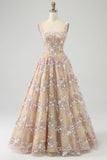 Lyxig A Line Square Neck Champagne Corset Prom Klänning med applikationer