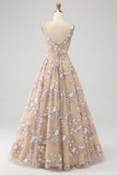 Lyxig A Line Square Neck Champagne Corset Prom Klänning med applikationer