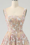 Lyxig A Line Square Neck Champagne Corset Prom Klänning med applikationer