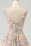 Lyxig A Line Square Neck Champagne Corset Prom Klänning med applikationer