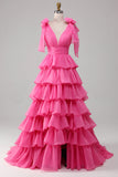 Prinsessa A-linje V-ringad Fuchsia Balklänning med slits