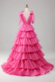 Prinsessa A-linje V-ringad Fuchsia Balklänning med slits