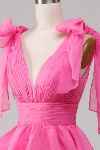 Prinsessa A-linje V-ringad Fuchsia Balklänning med slits