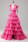Prinsessa A-linje V-ringad Fuchsia Balklänning med slits