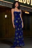 Royal Blue Mermaid Spaghetti Straps Paljetter Lång Balklänning med Accessoar