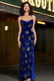 Royal Blue Mermaid Spaghetti Straps Paljetter Lång Balklänning med Accessoar