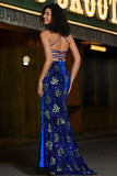 Royal Blue Mermaid Spaghetti Straps Paljetter Lång Balklänning med Accessoar
