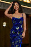 Royal Blue Mermaid Spaghetti Straps Paljetter Lång Balklänning med Accessoar