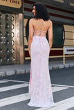 Trendig Rosa Slida Spaghetti Straps Split Front Prom Klänning med Tillbehör