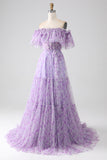 Lila Blommig Off The Shoulder Lång Ruffled Prom Klänning