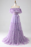 Lila Blommig Off The Shoulder Lång Ruffled Prom Klänning