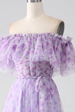 Lila Blommig Off The Shoulder Lång Ruffled Prom Klänning