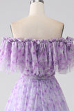Lila Blommig Off The Shoulder Lång Ruffled Prom Klänning