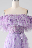 Lila Blommig Off The Shoulder Lång Ruffled Prom Klänning