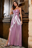 Glittrande A Line Spaghetti Straps Rosa Lång Balklänning Med Delad Front