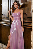 Glittrande A Line Spaghetti Straps Rosa Lång Balklänning Med Delad Front