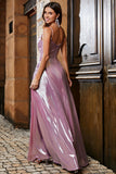 Glittrande A Line Spaghetti Straps Rosa Lång Balklänning Med Delad Front