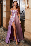 Glittrande A Line Spaghetti Straps Rosa Lång Balklänning Med Delad Front
