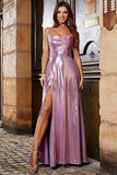 Glittrande A Line Spaghetti Straps Rosa Lång Balklänning Med Delad Front