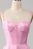 A-Line Spaghetti Straps Rosa Korsett Balklänning