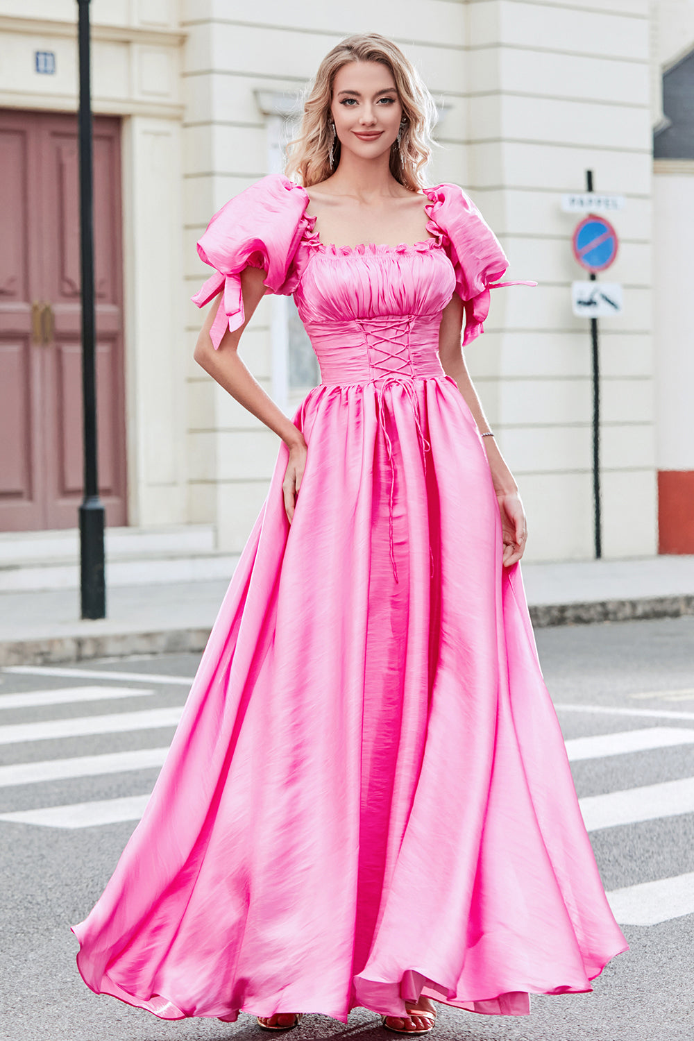 Princess A Line Fyrkantig hals Hot Pink Lång Balklänning med puffärmar