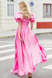 Princess A Line Fyrkantig hals Hot Pink Lång Balklänning med puffärmar