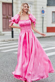 Princess A Line Fyrkantig hals Hot Pink Lång Balklänning med puffärmar