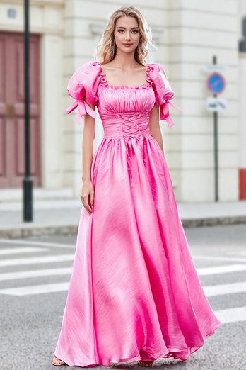 Princess A Line Fyrkantig hals Hot Pink Lång Balklänning med puffärmar