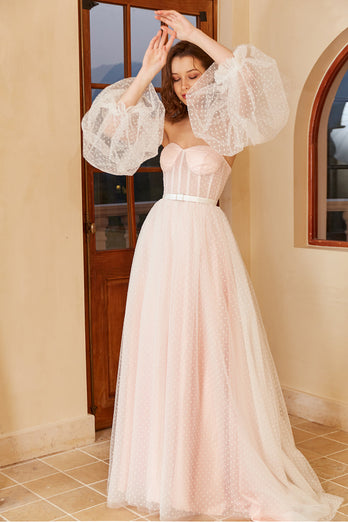 Rosa Polka Prickar Bröllopsklänning med puffärmar