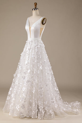 Elfenben A-Linje V-hals Bröllopsklänning med 3D-blommor