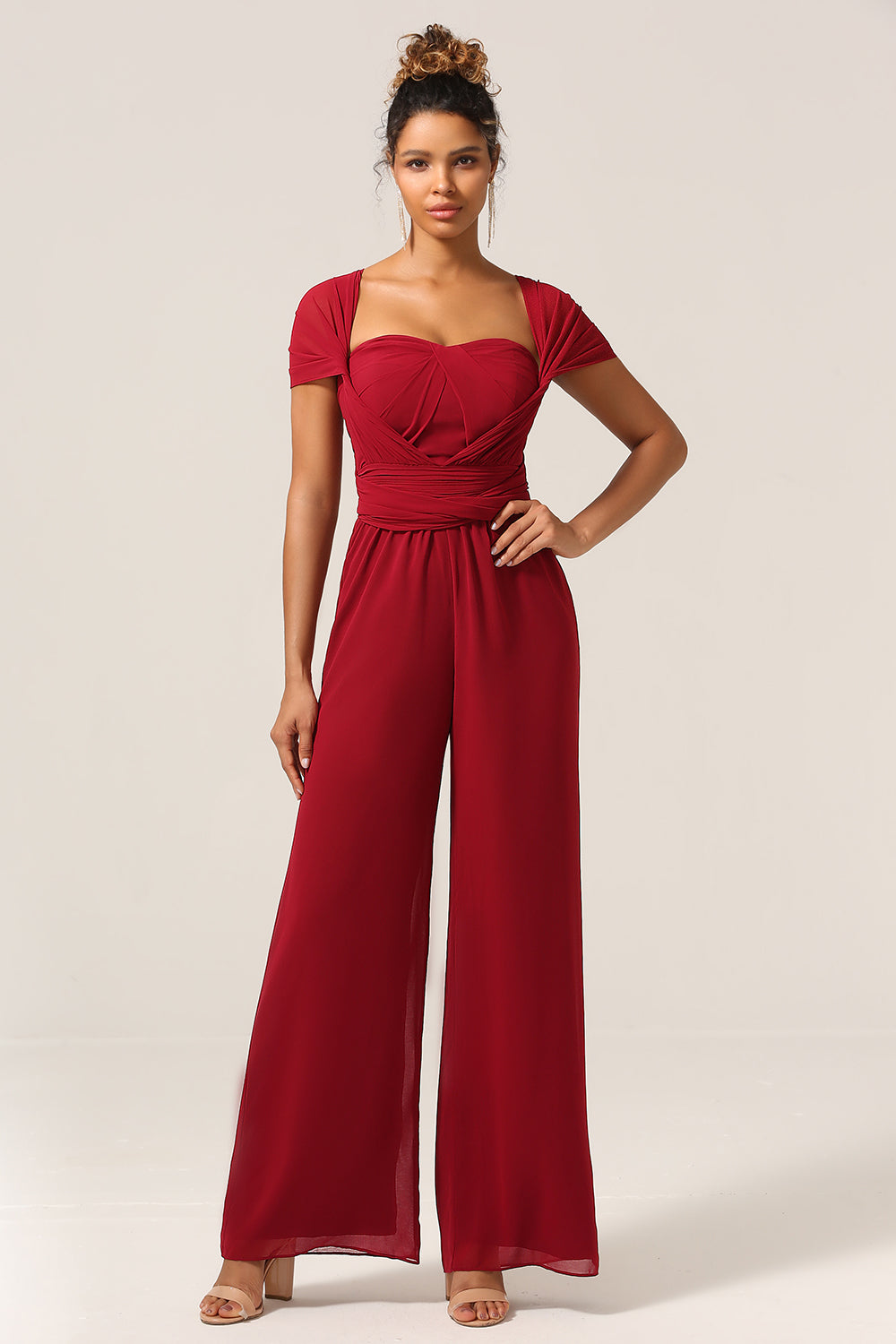 Vinröd Chiffong Konvertibel Bridesmaid Jumpsuits