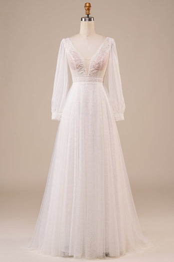 A-Linje Tyll Pärlstav Ivory Bröllopsklänning med ärmar