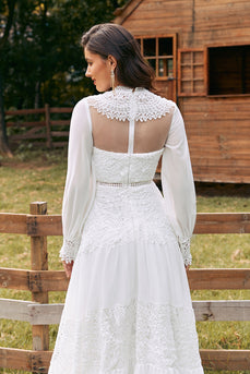 Ivory Långärmad Boho Bröllopsklänning med Spets