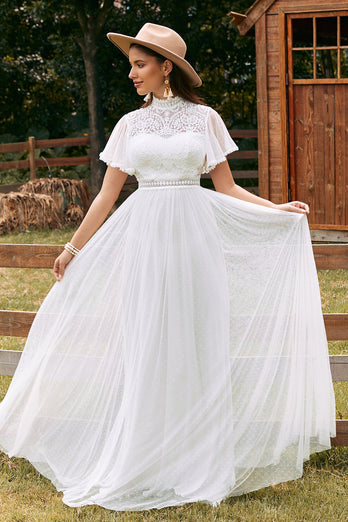 Vintage Elfenben Chiffong Boho Bröllopsklänning med Spets