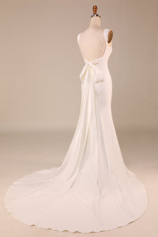 Enkel Ivory Sjöjungfru bröllopsklänning med Tillbaka Bowknot