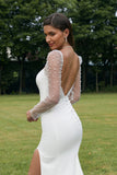 Ivory Illusion Långärmad Rygglös Mermaid Bröllopsklänning med slits