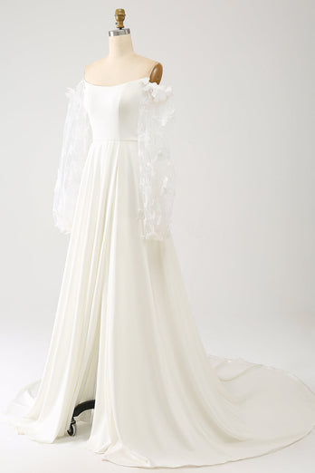 Ivory A Line Lång Chiffong Bröllopsklänning Med 3D Fjärilar Långa ärmar