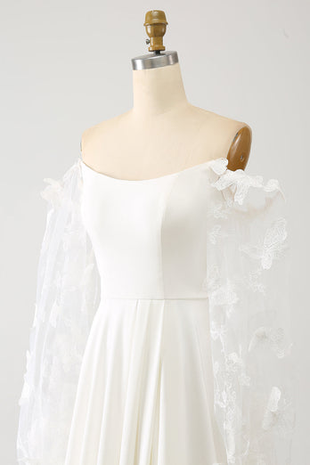 Ivory A Line Lång Chiffong Bröllopsklänning Med 3D Fjärilar Långa ärmar
