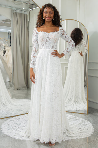 Ivory A-linje Spets Bröllopsklänning med ärmar