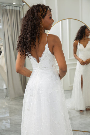 Ivory A-linje Svep Tåg Spets Bröllopsklänning med slits