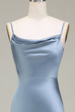 Dammigt Blå Fodral Spaghetti Straps Satin Lång Brudtärna Klänning