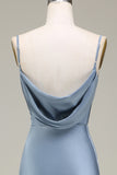 Dammigt Blå Fodral Spaghetti Straps Satin Lång Brudtärna Klänning