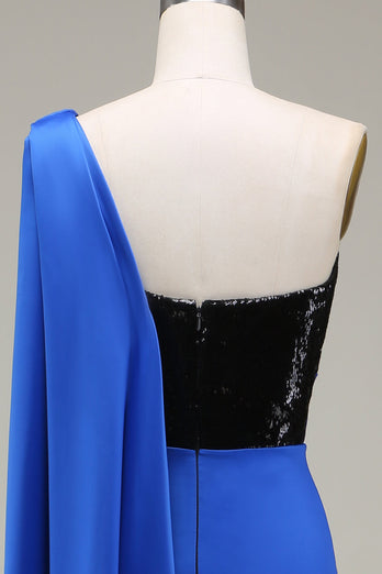 Royal Blue One Shoulder Satäng och Paljett Mermaid Plisserad Balklänning med slits