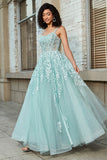 Underbar A Line Spaghetti Straps Mint Corset Balklänning med applikationer