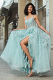 Underbar A Line Spaghetti Straps Mint Corset Balklänning med applikationer