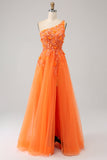 Orange One Shoulder A-linje Tyll Lång Balklänning med Applikationer