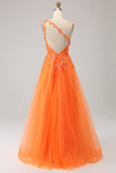 Orange One Shoulder A-linje Tyll Lång Balklänning med Applikationer